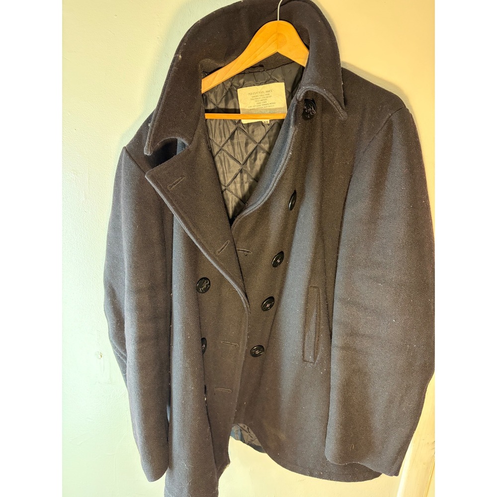 Vintage US Navy contracted Wool Pea Coat 48 Mens Black Double Breasted Jacket